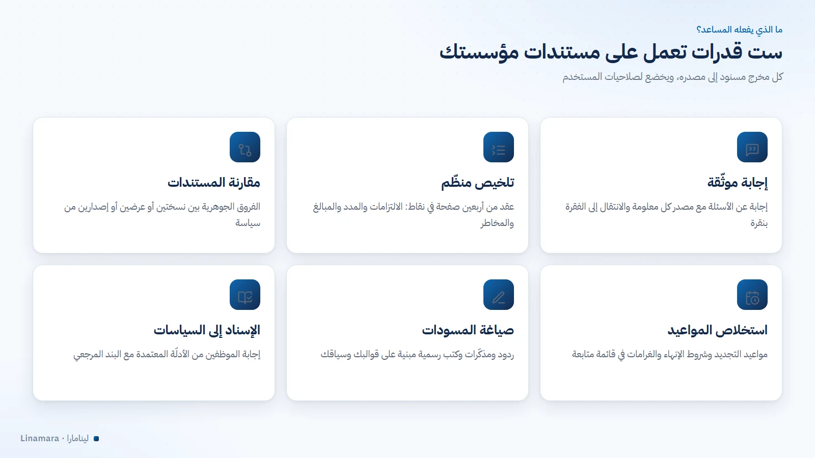 قدرات مساعد الذكاء الاصطناعي المؤسسي من الإجابة الموثّقة إلى التلخيص والمقارنة وصياغة المسودات