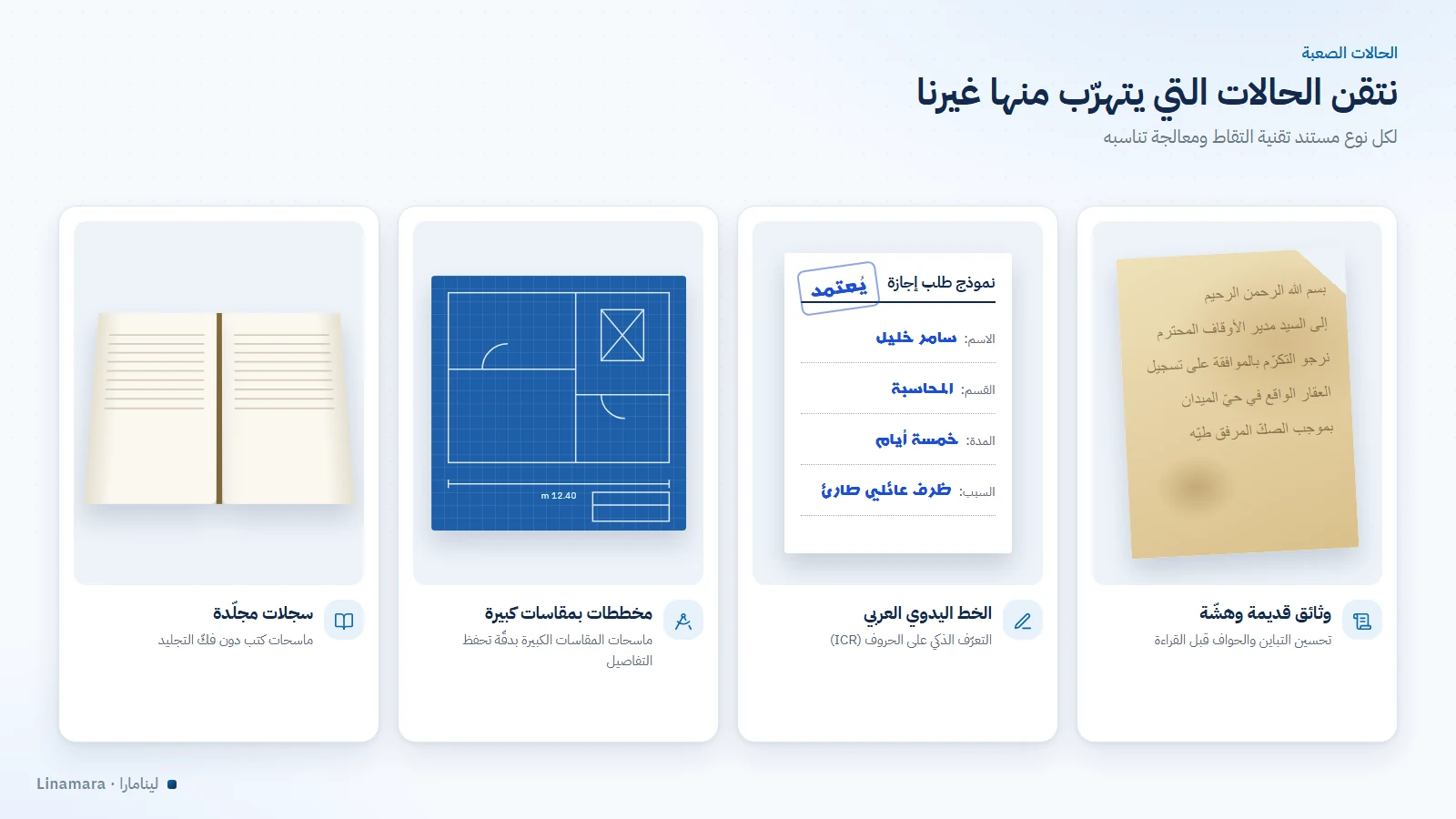 أنماط المستندات الصعبة: وثائق قديمة وخط يدوي عربي ومخططات كبيرة وسجلات مجلّدة وتقنية معالجة كل منها